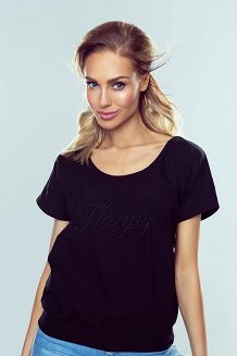Koszulka damska z krótkim rękawem z połyskującym napisem Happy czarna