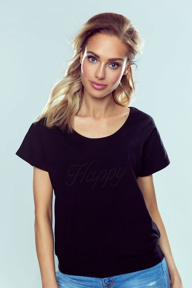 Koszulka damska z krótkim rękawem z połyskującym napisem Happy czarna