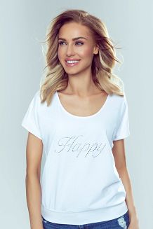 Koszulka damska z krótkim rękawem z połyskującym napisem Happy biała