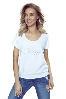 Koszulka damska z krótkim rękawem z połyskującym napisem Happy biała