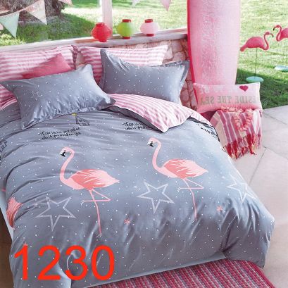 Pościel satynowa z prześcieradłem 160x200 grafitowa biała różowa flamingi gwiazdki paski