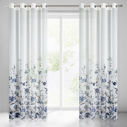 Zasłona gotowa na przelotkach KALIA 140x250 Eurofirany biała granatowa malowane kwiaty