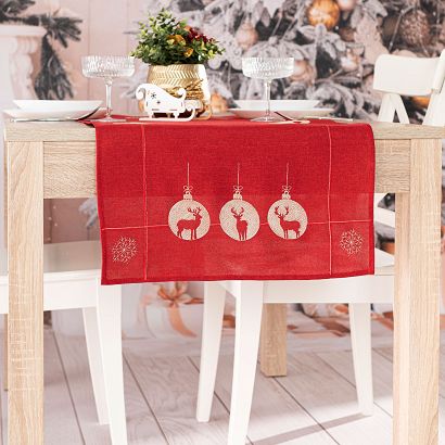 Bieżnik świąteczny z haftem BŁYSZCZĄCY RENIFER 50x100 czerwony renifery bombki