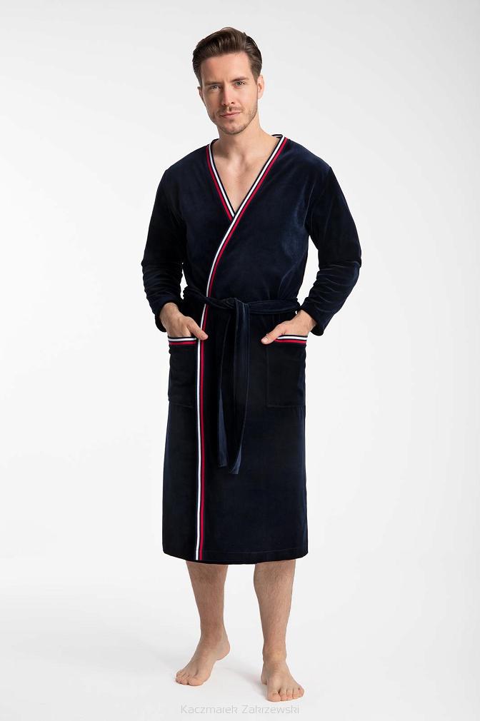 Szlafrok męski LUNA kod 852 welur granatowy kolorowa plisa