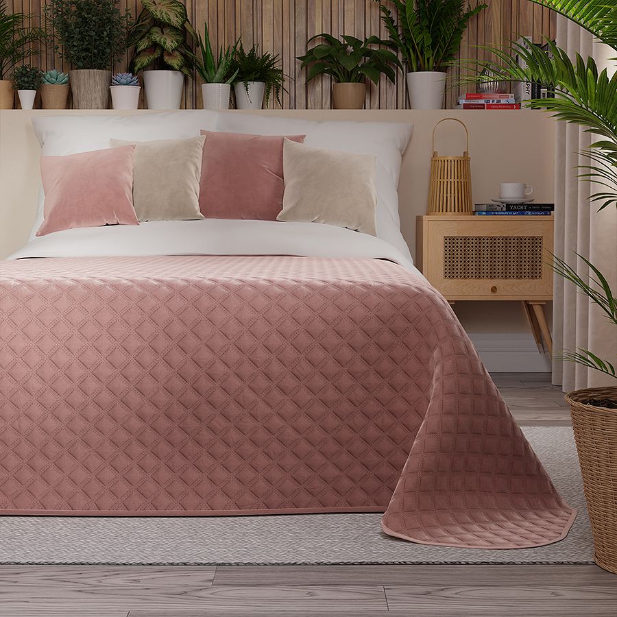 Narzuta dekoracyjna VELVI 170x210 pikowana w geometryczny wzór ciemnopudrowa