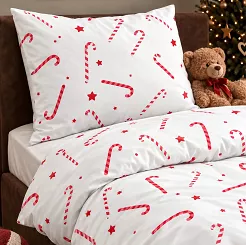 Dziecięca Pościel Świąteczna z Satyny Bawełnianej CANDYCANES Biała (100x160 cm)