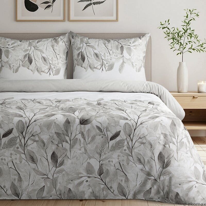 Pościel satynowa SPRING 220x200 Eurofirany srebrna popielata gałązki liście