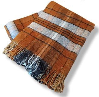 Koc wełniany z frędzlami 150x200 wełna polska krata miodowy brązowy