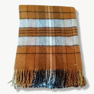 Koc wełniany z frędzlami 150x200 wełna polska krata miodowy brązowy