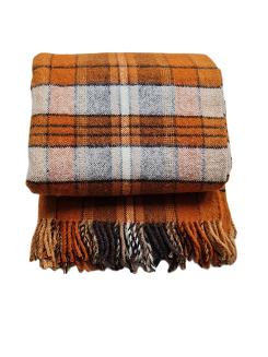 Koc wełniany z frędzlami 150x200 wełna polska krata miodowy brązowy