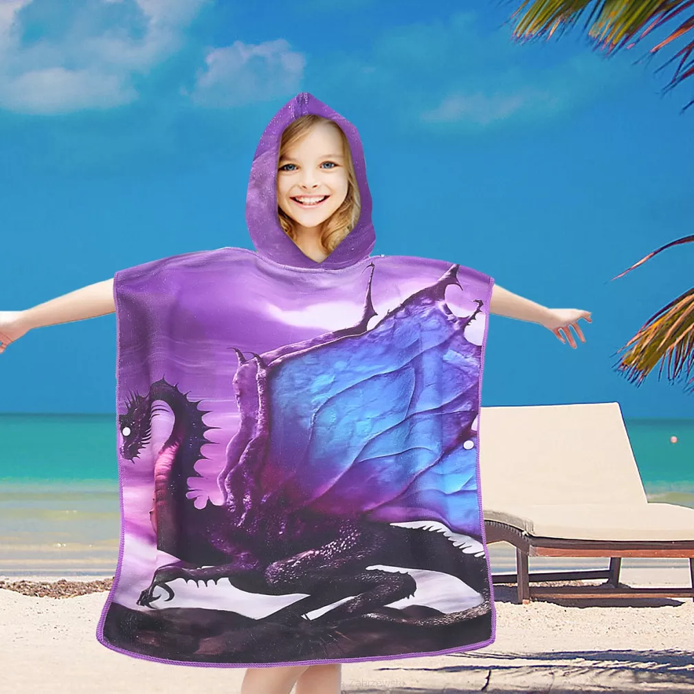 Poncho dziecięce plażowe 60x60 fioletowe smok