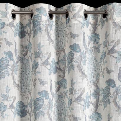 Zasłona gotowa na przelotkach EMERA 140x250 Eurofirany naturalna niebieska z lnem botaniczny nadruk