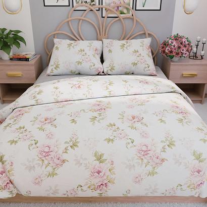 Komplet pościeli VALERIA z bawełny satynowej 220x200 biała w różany wzór