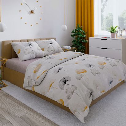 Komplet pościeli GINKO z bawełny satynowej 220x200 jasnoszara w grafitowe pomarańczowe liście miłorz