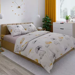 Komplet pościeli GINKO z bawełny satynowej 220x200 jasnoszara w grafitowe pomarańczowe liście miłorz