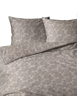 Pościel z perkalu Lamé Percale 220x200 brązowa beżowa w drobny wzór roślinny ozdobna lamówka biza