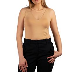 Elegancka bluzka damska top bez rękawów MARIAH z tiulowym dekoltem beżowa