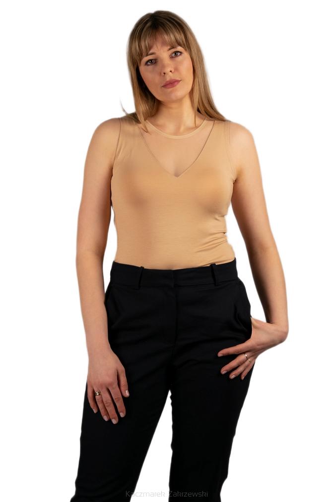 Elegancka bluzka damska top bez rękawów MARIAH z tiulowym dekoltem beżowa