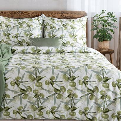 Pościel satynowa SPRING 140x200 Eurofirany biała zielona w oliwki