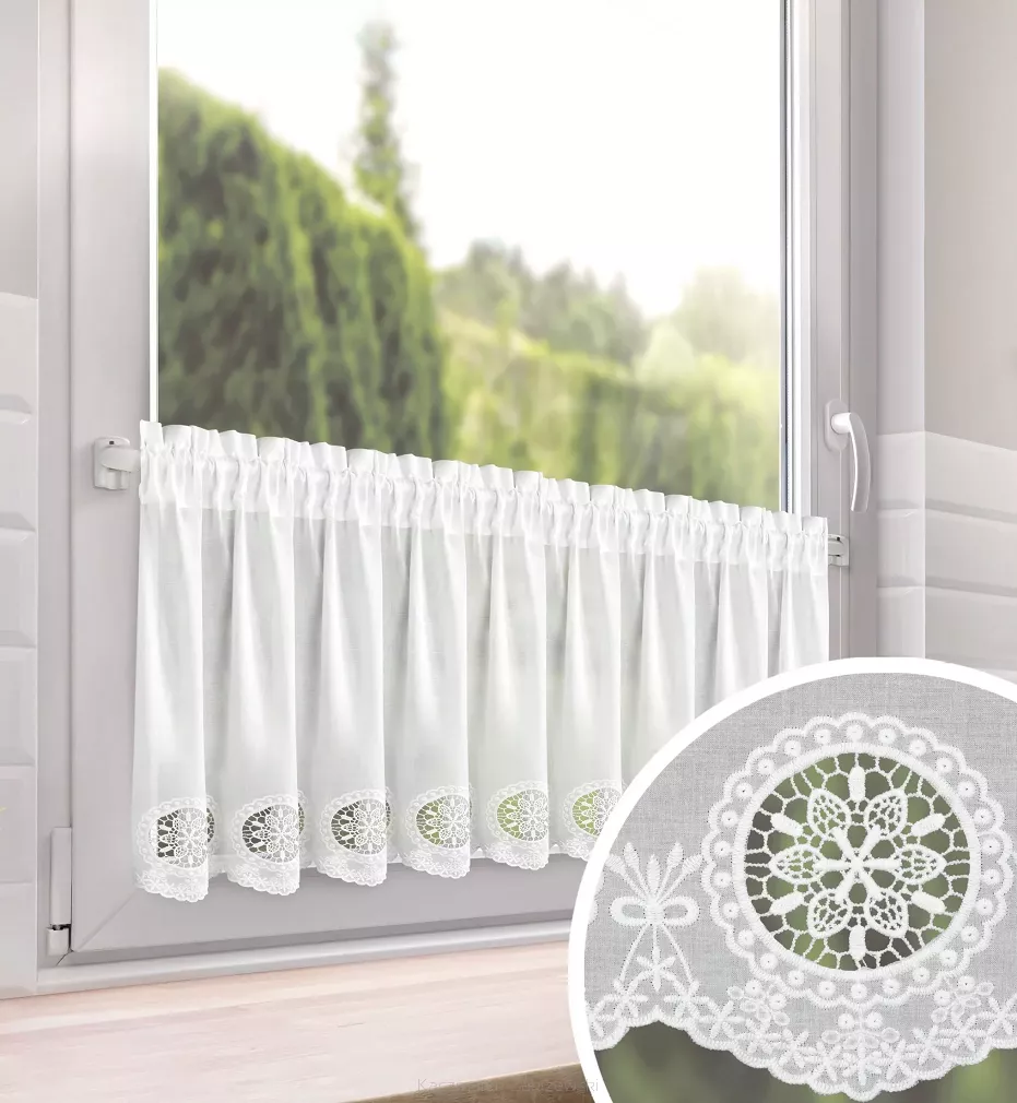 Firana gotowa na taśmie LILA 150x40 Eurofirany biała bawełniana ażurowy haft na dole