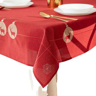 Obrus świąteczny z haftem BŁYSZCZĄCY RENIFER 140x180 czerwony renifery bombki