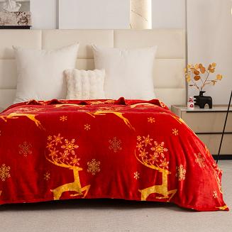 Koc polarowy świąteczny 160x200 czerwony złote renifery