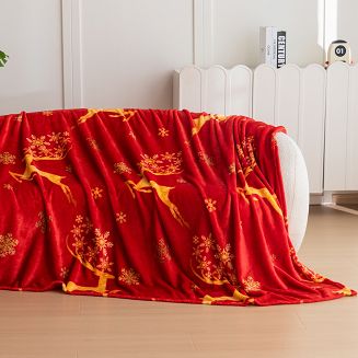 Koc polarowy świąteczny 160x200 czerwony złote renifery