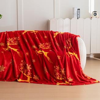 Koc polarowy świąteczny 160x200 czerwony złote renifery