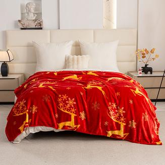 Koc polarowy świąteczny 160x200 czerwony złote renifery