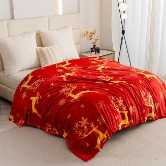 Koc polarowy świąteczny 160x200 czerwony złote renifery