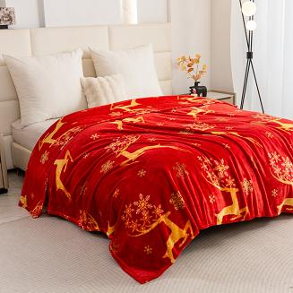 Koc polarowy świąteczny 160x200 czerwony złote renifery