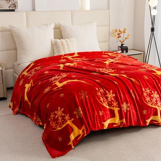 Koc polarowy świąteczny 160x200 czerwony złote renifery