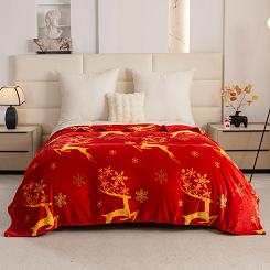 Koc polarowy świąteczny 160x200 czerwony złote renifery