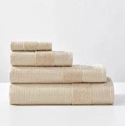Ręcznik bawełniany wafel Checky 70x140 beżowy z ozdobną bordiurą
