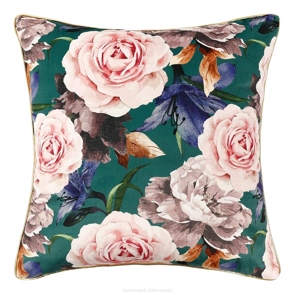 Poszewka dekoracyjna Rose Light Velvet 45x45 welwetowa zielona róże