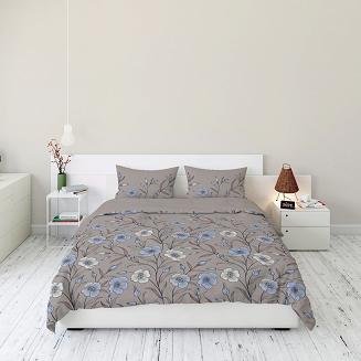 Pościel flanelowa 160x200 beżowa w niebieskie kremowe kwiaty lnu