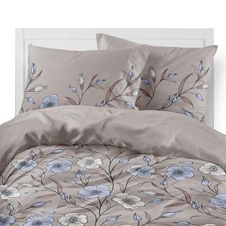 Pościel flanelowa 160x200 beżowa w niebieskie kremowe kwiaty lnu