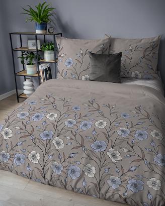 Pościel flanelowa 160x200 kakaowa w niebieskie kremowe kwiaty lnu