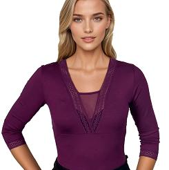 Bluzka damska z głębokim dekoltem i koronką Eulalia śliwkowa