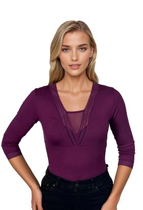 Bluzka damska z głębokim dekoltem i koronką Eulalia śliwkowa