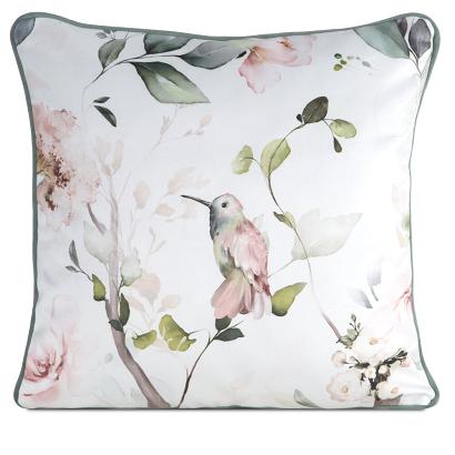 Poszewka dekoracyjna INEZ 45x45 Eurofirany biała zielona dwustronna botaniczny nadruk ptaszek