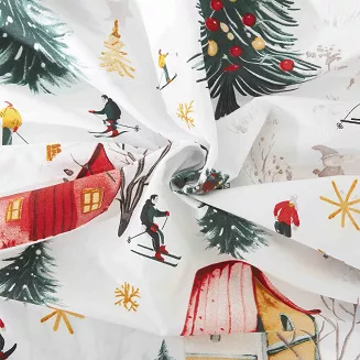 Biała Świąteczna Pościel z Mikrofibry z Nadrukiem 160x200 Xmass Skiing
