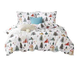 Pościel świąteczna XMASS SKIING 160x200 biała wielokolorowa narciarze szusujący w zimowym krajobrazie