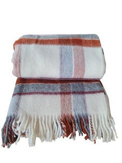 Koc wełniany z frędzlami 150x200 wełna nowozelandzka krata terakota ekri szary czerwony