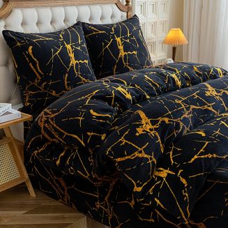 Pościel polarowa 160x200 welur czarna złota marmurek