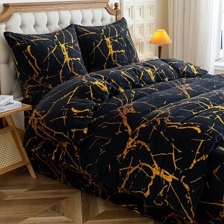 Pościel polarowa 160x200 welur czarna złota marmurek