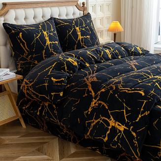 Pościel polarowa 160x200 welur czarna złota marmurek