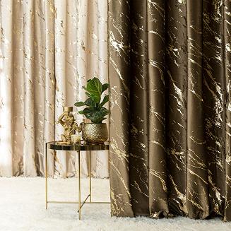 Zasłona gotowa na taśmie MARMA 140x250 brązowa ze złotym nadrukiem