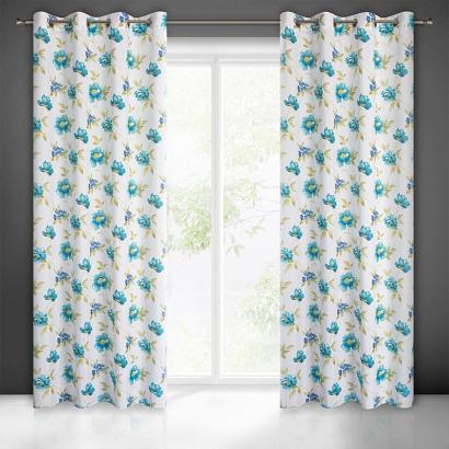 Zasłona gotowa na przelotkach ALMA 140x250 Eurofirany biało niebieska w kwiaty