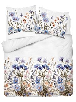 Pościel satynowa 220x200 Detexpol biała niebieska kwiatowa łąka